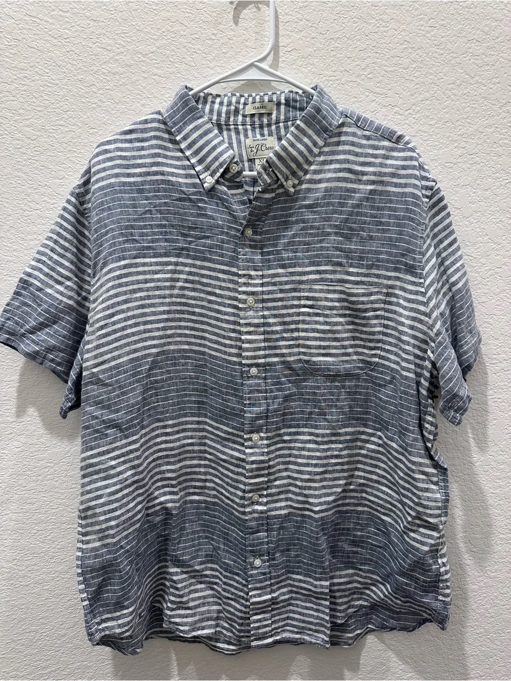 J. Crew Navy and White Striped Irish linen Short-Sleeve Button-Down‎ Shirt